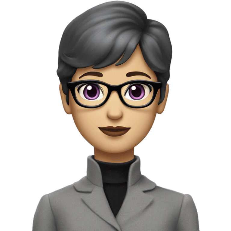 Full torso of Tv show young Diana Prince wearing grey suit with silk voile  purple turtleneck and black eyeglasses  emoji