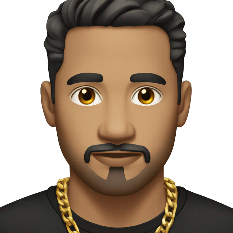 casual portrait of a light brown male in black shirt with gold chain and short black hair with a fade and light facial hair stubble emoji