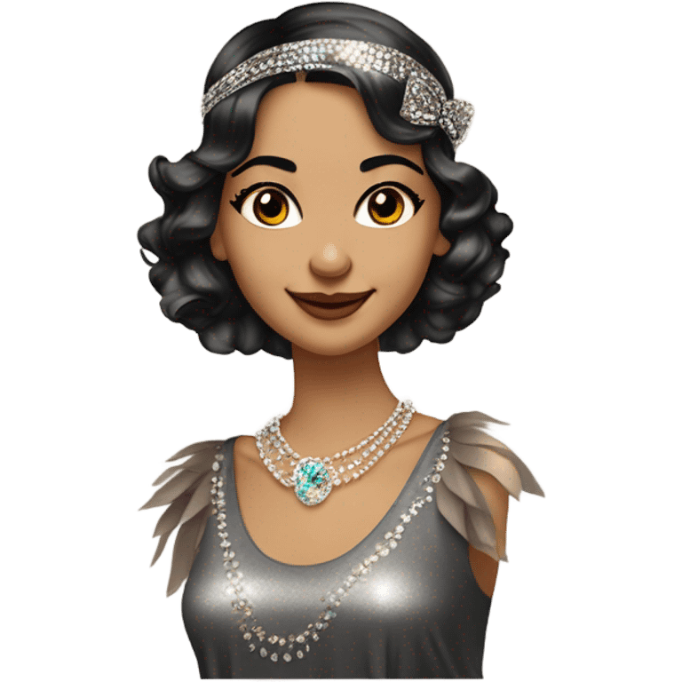 Feminine flapper jeweled style flapper headband short dark wave hair long eyelashes expression is she is smirking smiling and she is wearing sparkly shirt with sleeves and has wavy medium brown hair to shoulder  emoji