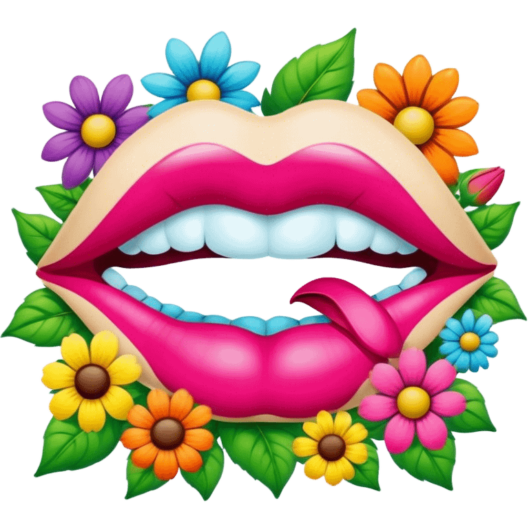 psychedelic colored pair of lips surrounded by hippie style flowers emoji