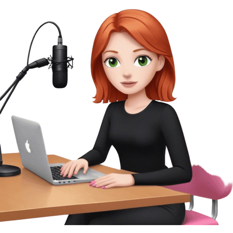 Redhead with green eyes sat at desk with pink MacBook and  podcast microphone black top and pink chair  emoji