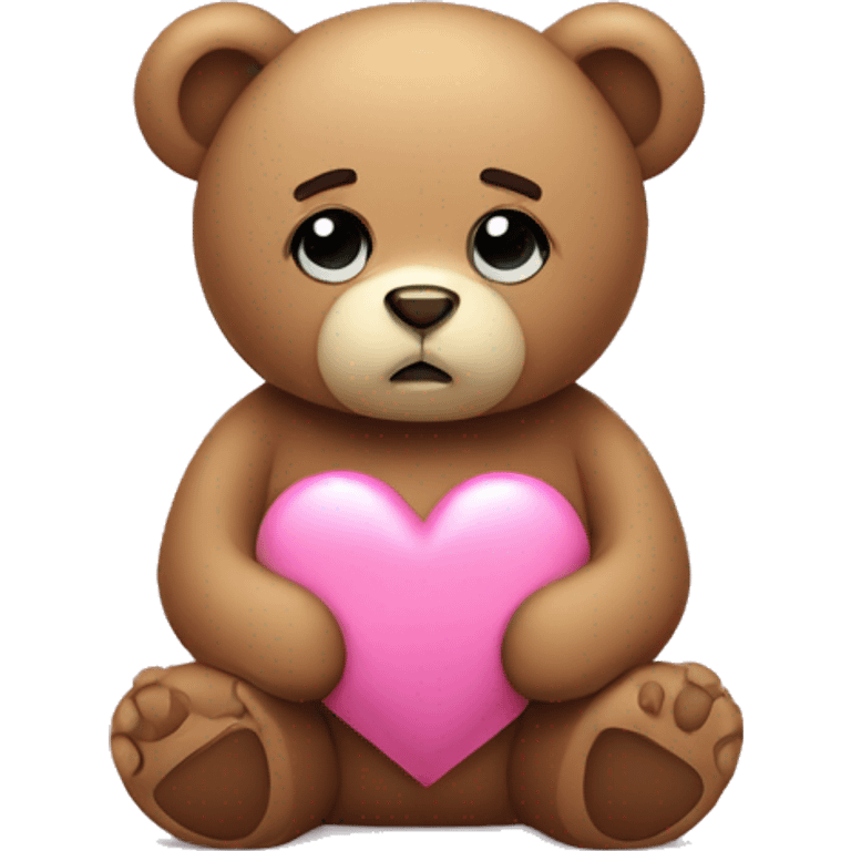 Teddy bear with sad eyes holding a pink heart emoji