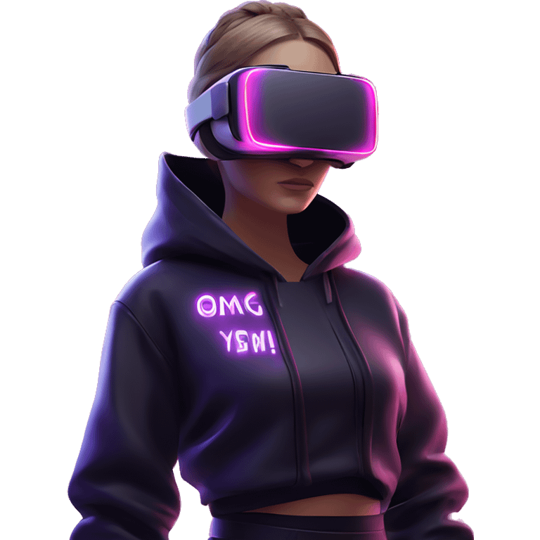 Russian girl wearing black hoody with violet letters "OMG", in vr headset oculus quest2. Standing like jedi. Cyberpunk style. Violet neon. emoji