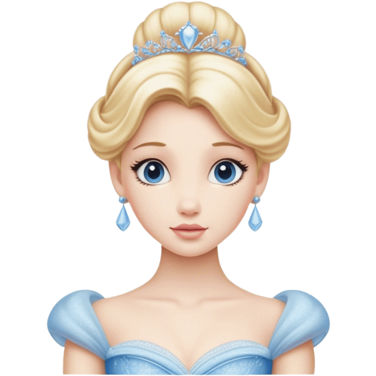 Cinematic Realistic Cinderella Portrait, depicted with lifelike porcelain skin, elegantly styled blonde hair, and a serene, graceful expression. Dressed in her classic ball gown with intricately detailed fabric textures and delicate pastel hues that catch soft, natural lighting, this portrait captures the timeless beauty of a fairy tale princess. emoji