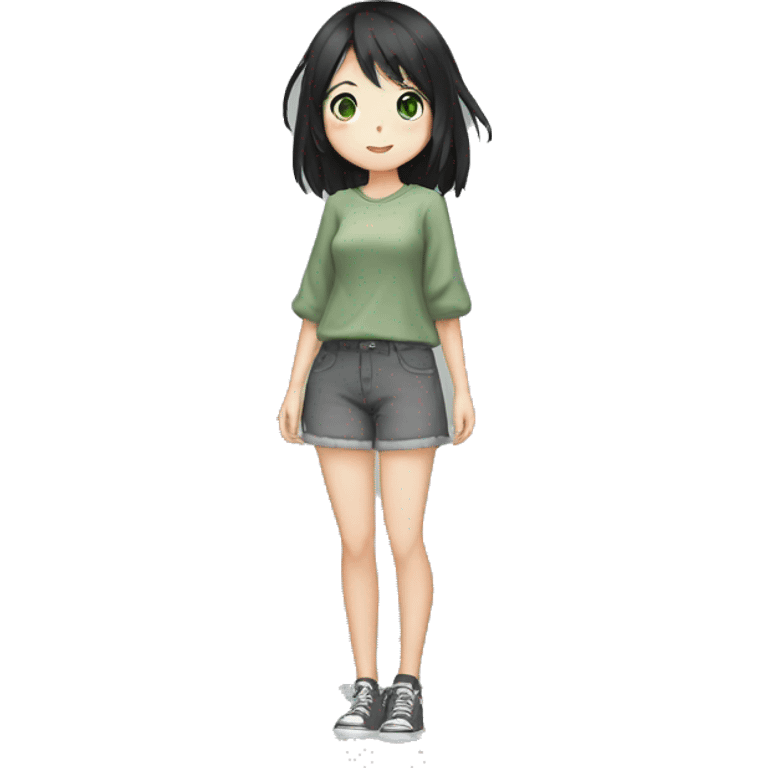 An anime-style girl with black hair down to her belly and gray-green eyes waves her hand emoji