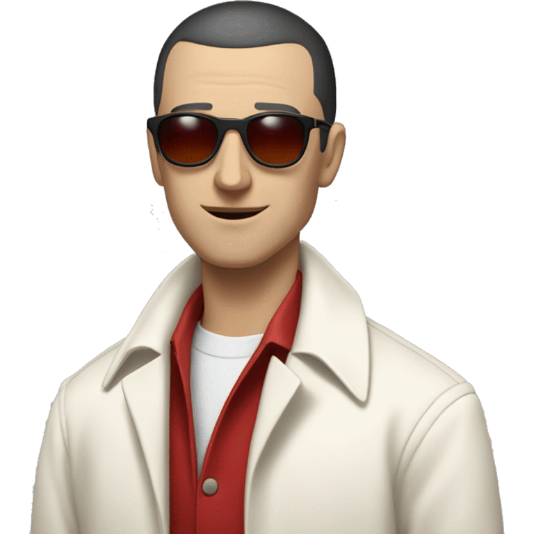 <excerpt>
A white man with real buzz cut Black hair, short mutton shops donning small red tinted sun glasses in a dirty white trench coat, is serious.
</excerpt> emoji