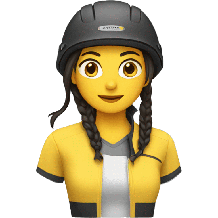 face emoji of a woman with long dark hair in two plaits wearing a yellow bike helmet emoji