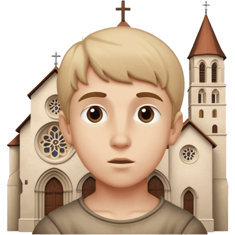 European boy looking at Romanesque church emoji