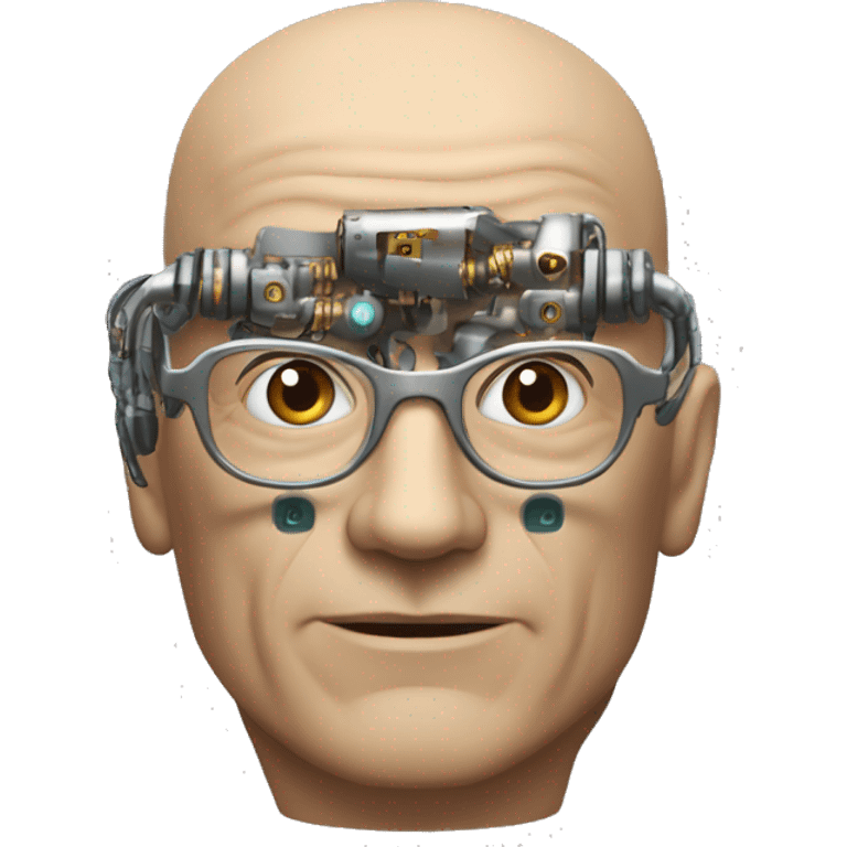 Older Male cyborg head with metallic plated face, brown flat top haircut, glasses and circuitry emoji