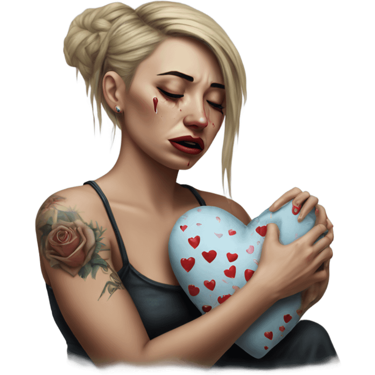 Hyper Realistic Beautiful tattooed woman crying holding a broken heart cushion emoji