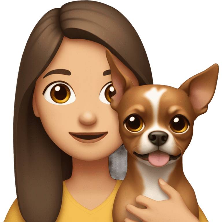 A brown-haired girl with brown eyes holds a brown Chihuahua dog in her arms emoji