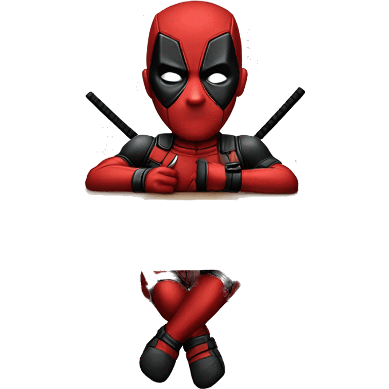 Cute Deadpool sitting at a desk, front view emoji