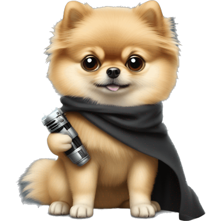 Pomeranian dressed as Luke Skywalker holding a lightsaber emoji