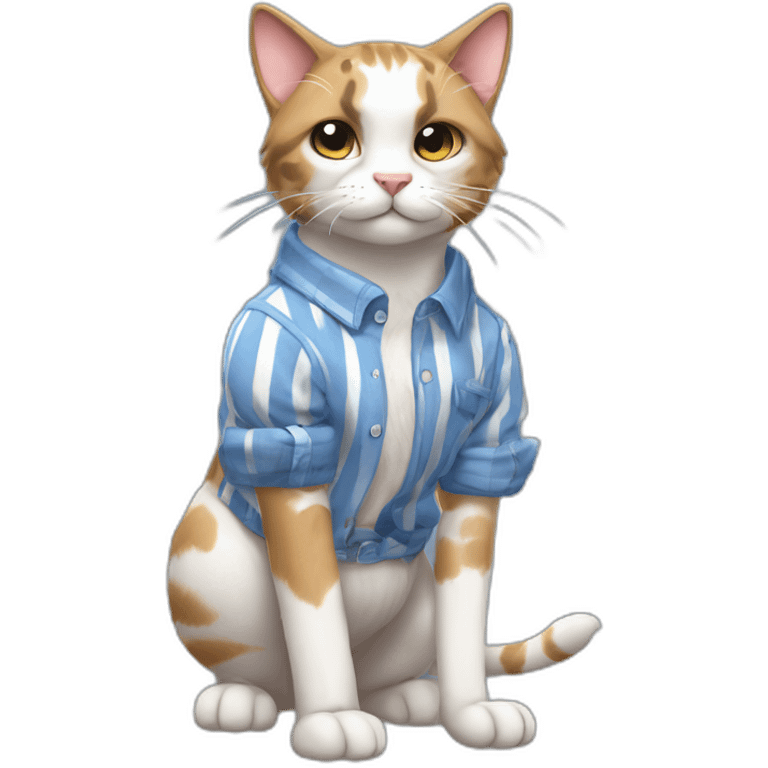 Purradise Meowscles is a buff anthropomorphic calico  cat  he has a mullet, a floral designed t shirt that is unbuttoned and blue and white stripped shorts emoji