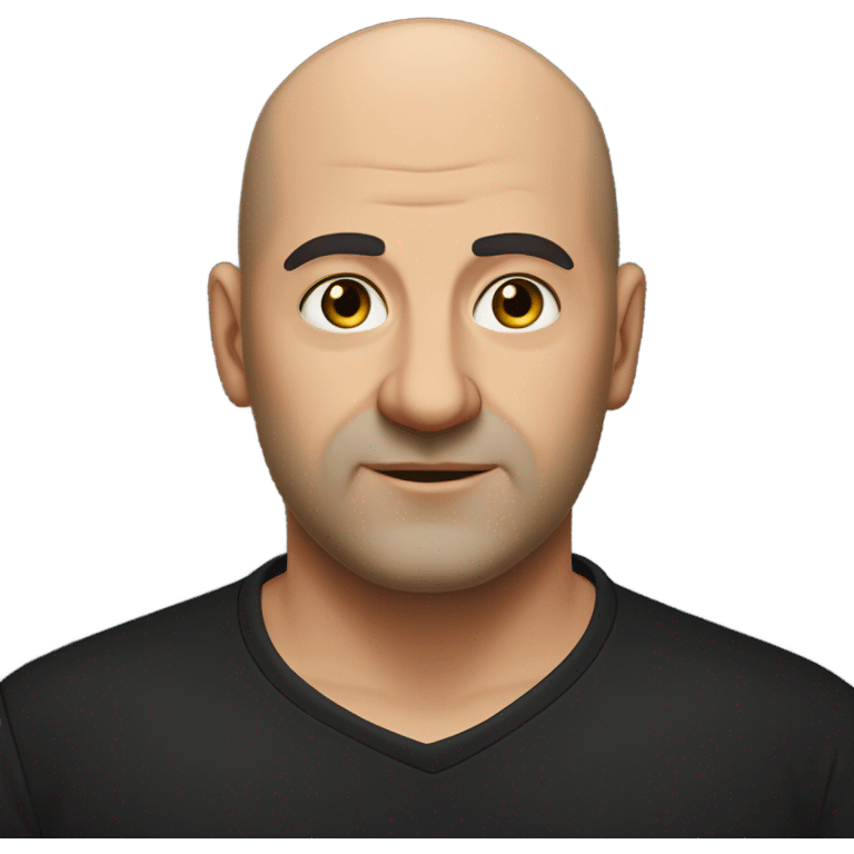 A slightly overweight middle-aged Italian man with olive-toned skin with bald hair and no facial hair. He is wearing a sleek black smart shirt, casually unbuttoned at the top. emoji