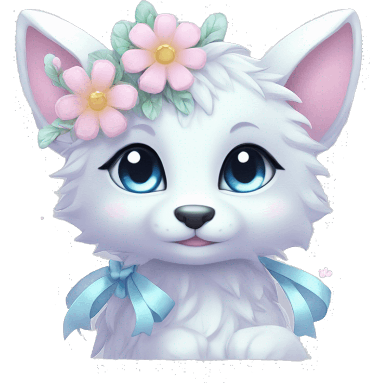 Anthro Cute Cool Blushing Pastel Innocent Shy Kawaii gorgeous sparkly ethereal fantasy animal creature with blue eyes furry sona with flowers and ribbons beautiful aesthetic emoji