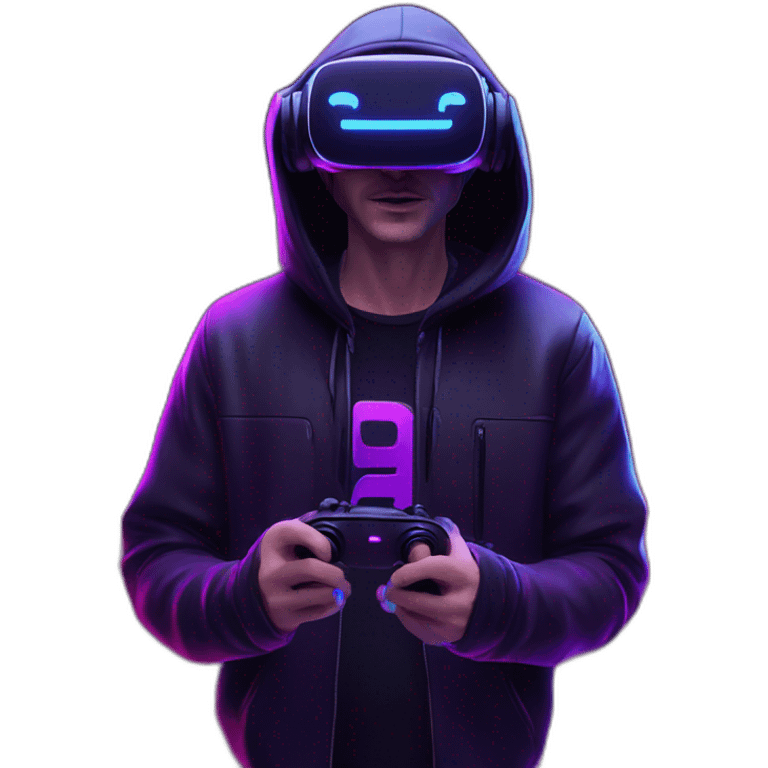 Russian man wearing a black hoodie with "OMG" letters on it and VR headset in a cyberpunk VR environment with violet neon lighting. emoji