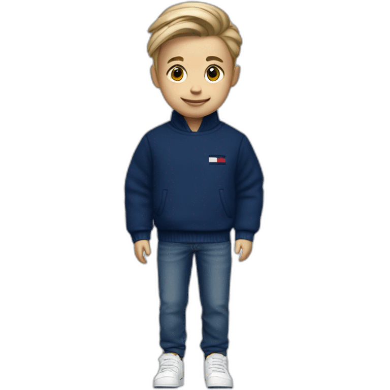 A child that is white with a dark blue tommy hilfiger sweater with a dark blue jean and adidas shoes emoji