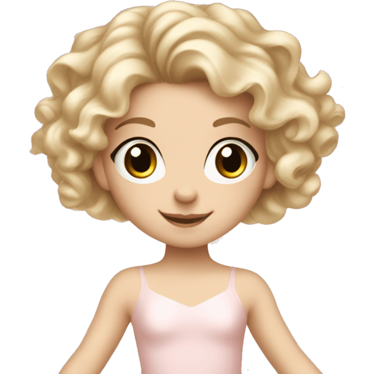 little girl with pale skin curly blonde hair and brown eyes wearing a light pink ballet outfit dancing emoji