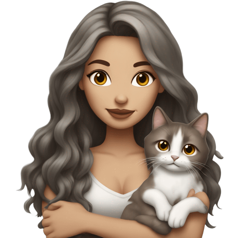 Beautiful brown haired tattooed woman holding gray and white long hair cat emoji