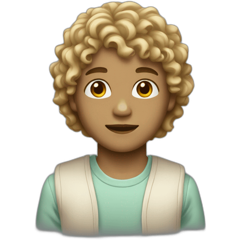 a boy with light brown skin, brown eyes and long blonde curly hair with bangs emoji