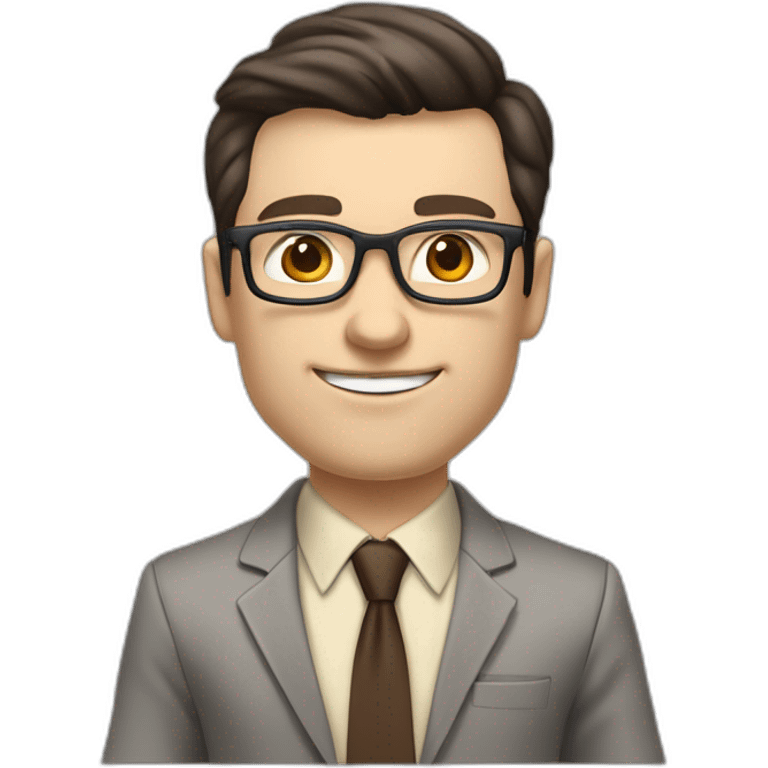 Pale skinned fit man with dark brown hair in gray jacket, beige office shirt, brown tie, brown pants and vintage glasses Writing on the marker board emoji