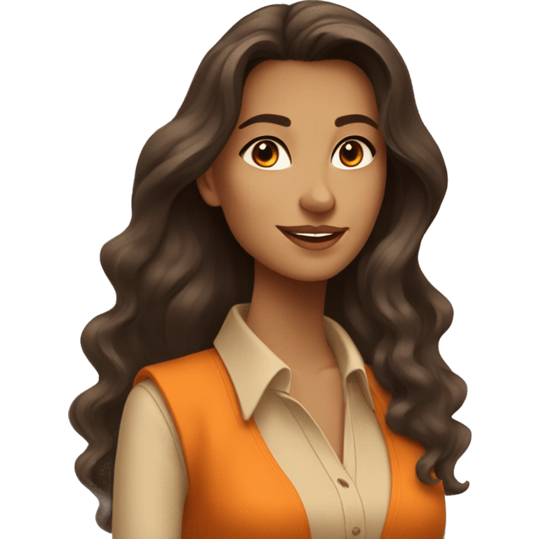 a charming tanned woman long wavy chocolate hair, caramel eyes, beige shirt, orange vest emoji