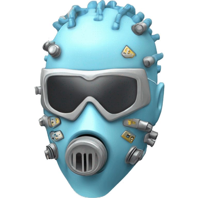 Pastel blue Mohawk cyborg head with silver respirator mask, goatee and circuits emoji