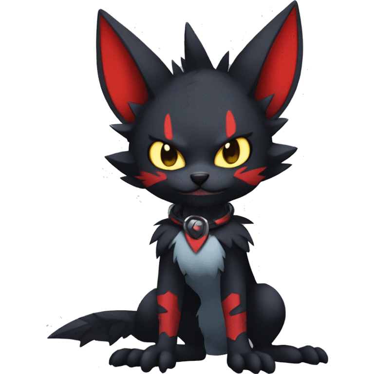 Black Anthro Cool Punk Noibat-Litten-Fakemon-fursona with fangs and red markings Full Body emoji