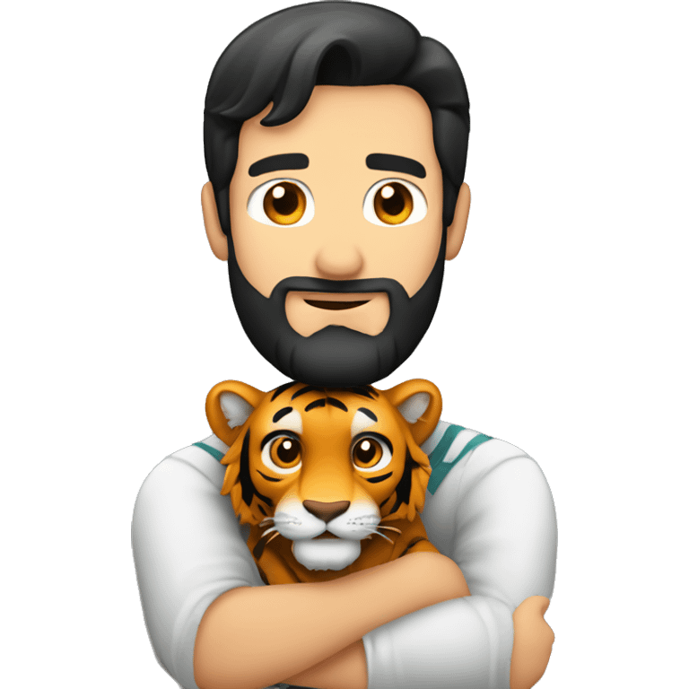 a caucasian guy with black hair and beard hugging with a tiger emoji