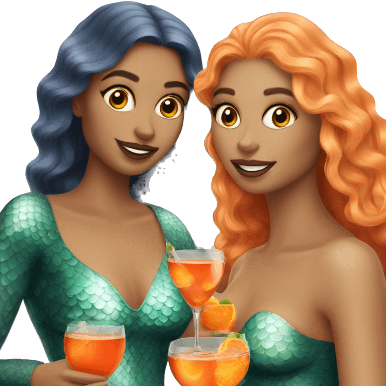 Three beautiful mermaids (light skin) drinking aperol emoji