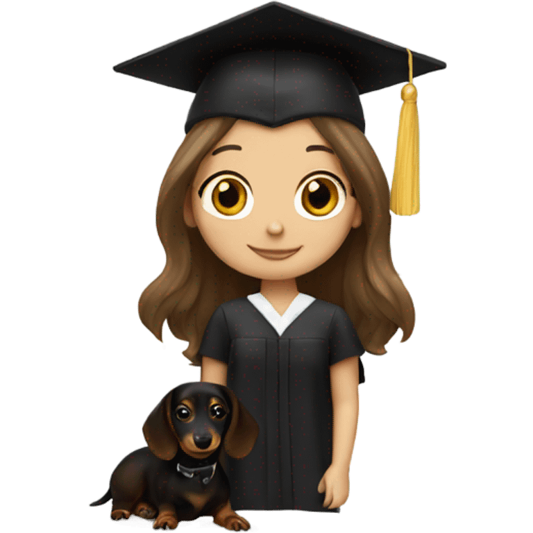 Brown haired white girl in graduation cap holding black long haired dachshund  emoji