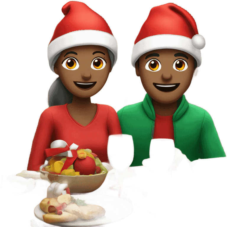 Sports emoji couple, man and woman in sportswear, sitting at the New Year's dinner table with a red Christmas hat emoji