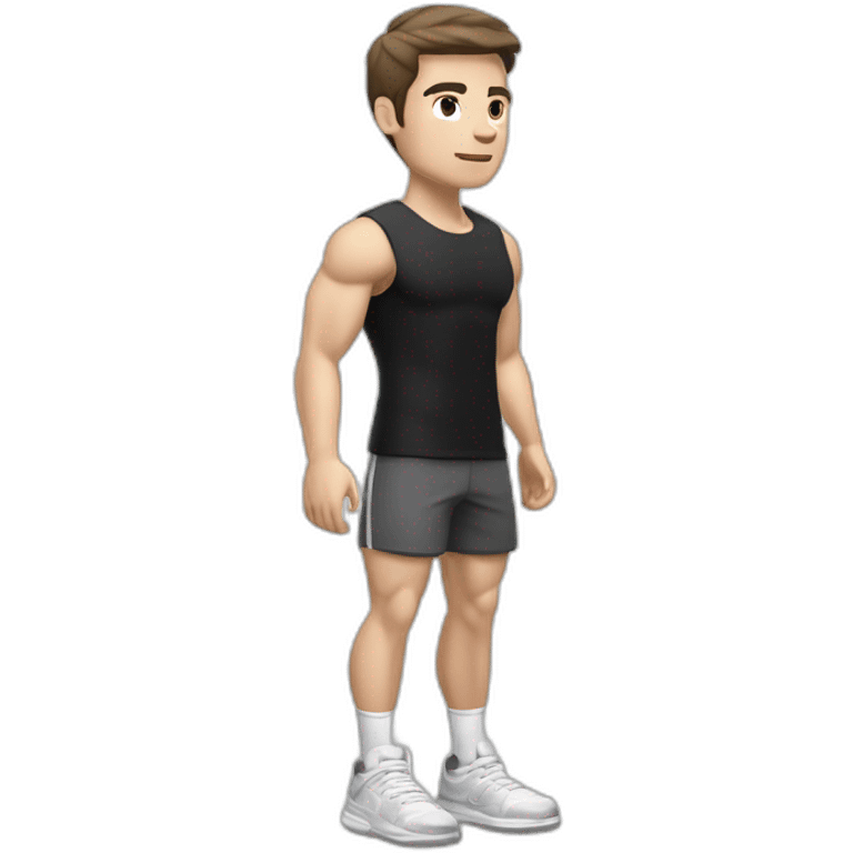 Pale skinned Fit Man With the biceps and dark brown hair in black shirt, gray sports shorts and white Sneakers Relies on the crossbar emoji