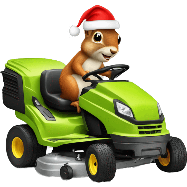 Squirrel on riding lawnmower wearing a Santa hat emoji