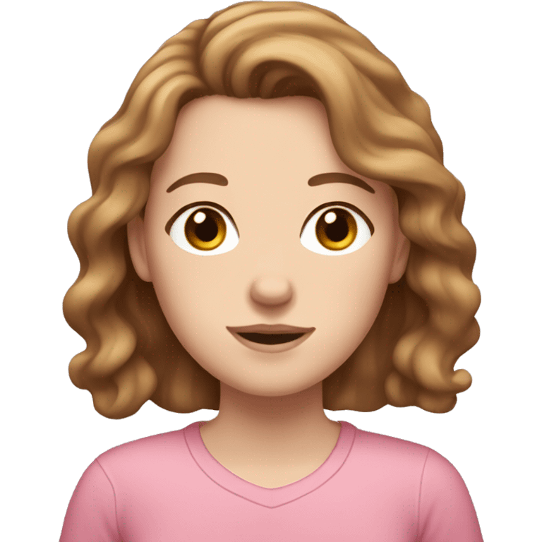 Pale white girl with brown wavy hair, freckles, brown eyes and a pink shirt.  emoji