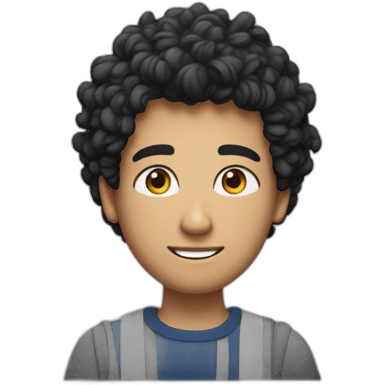 jeune homme avec des cheveux châtains bouclés, des yeux bleus clairs et une chemise noir emoji