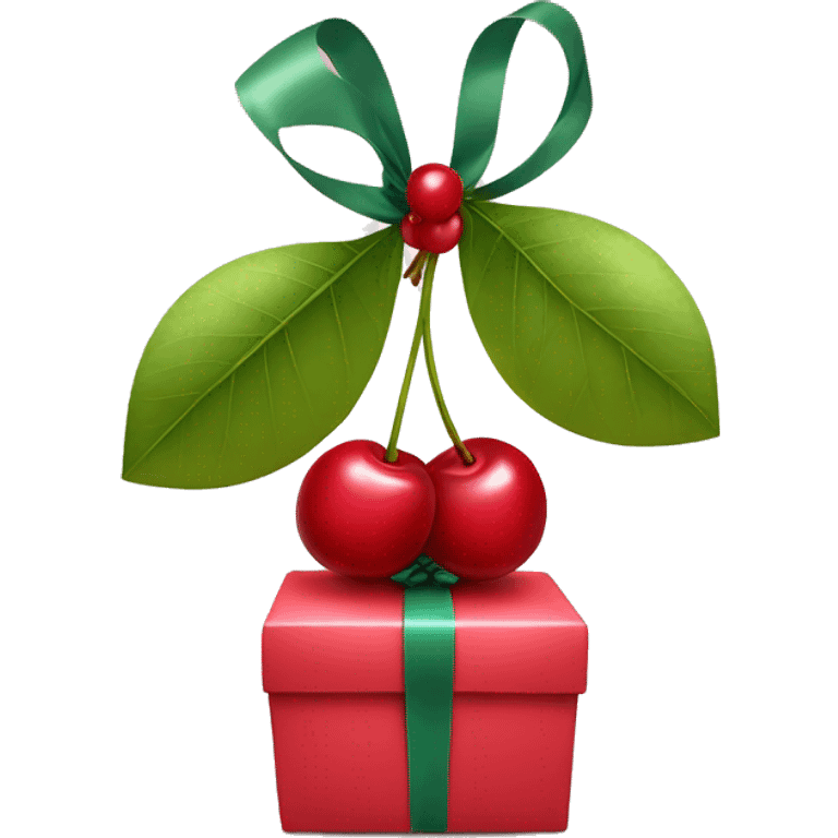 An emoji of two cherries hanging from a gift bow, with a delicate ribbon tying them together emoji