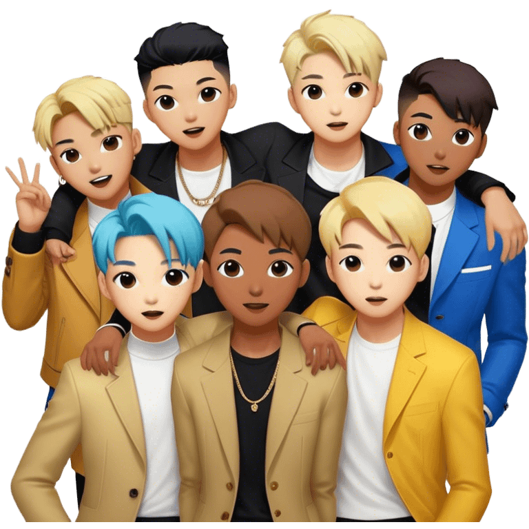 Cinematic Realistic BTS Portrait Emoji, depicted as a dynamic energetic portrayal of the global K-pop group with stylish modern attire and vibrant expressions, rendered with rich textures and bold contemporary lighting that captures their youthful charisma. emoji