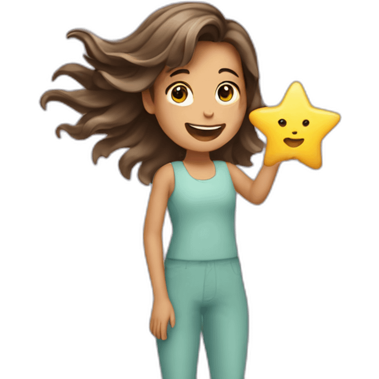 Girl with waving hair flying and holding a star in hands emoji