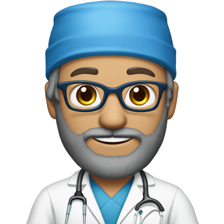 male blond doctor in scrub cap with grey van dyke beard with hazel eyes and small wire-rimmed glasses in blue scrubs holding a large paintbrush emoji