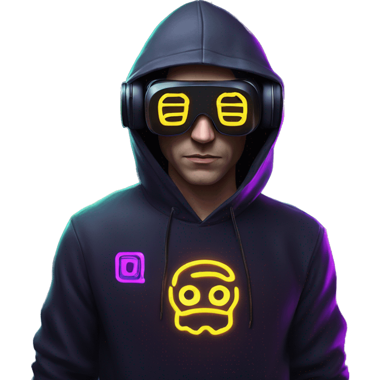 Russian man wearing a black hoodie with "OMG" letters on it and VR headset in a cyberpunk VR environment with violet neon lighting. emoji