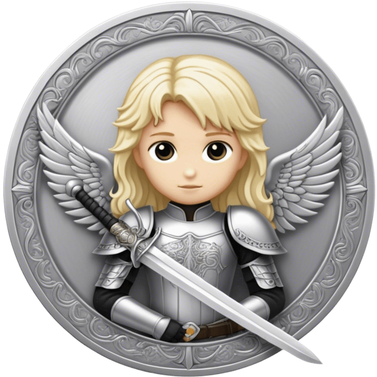 dark angel in plate engraved images with a silver sword and blond hair emoji