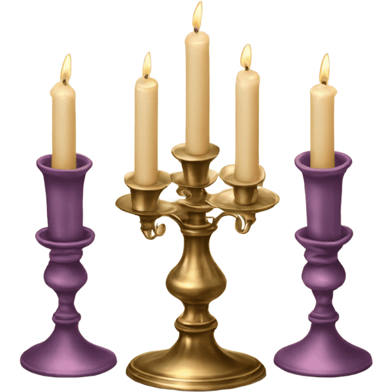 brass vintage candlestick for three candles with big candles and velvet ribbon tied in a bow emoji