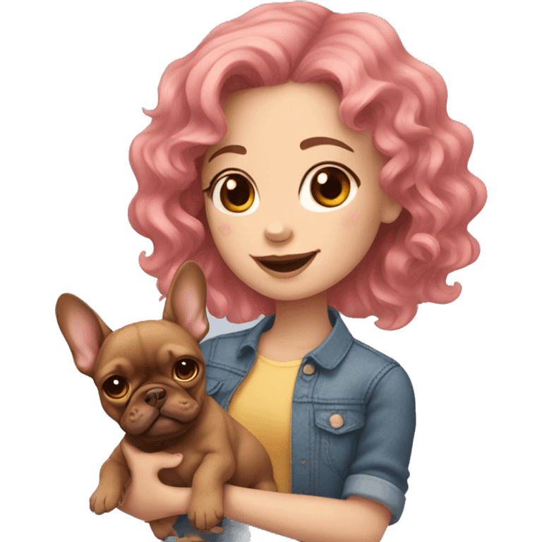  girl with medium pink wavy hair holding a brown french bulldog puppy  emoji