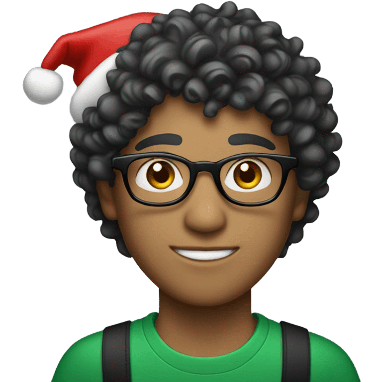 Unisex person ’light skin’ ’short curly dark green hair’ in a ’red Santa hat’ and black tshirt and round glasses  emoji