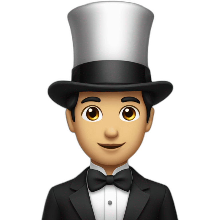 Half body young man white bow tie, black suit and top hat, black hair  emoji