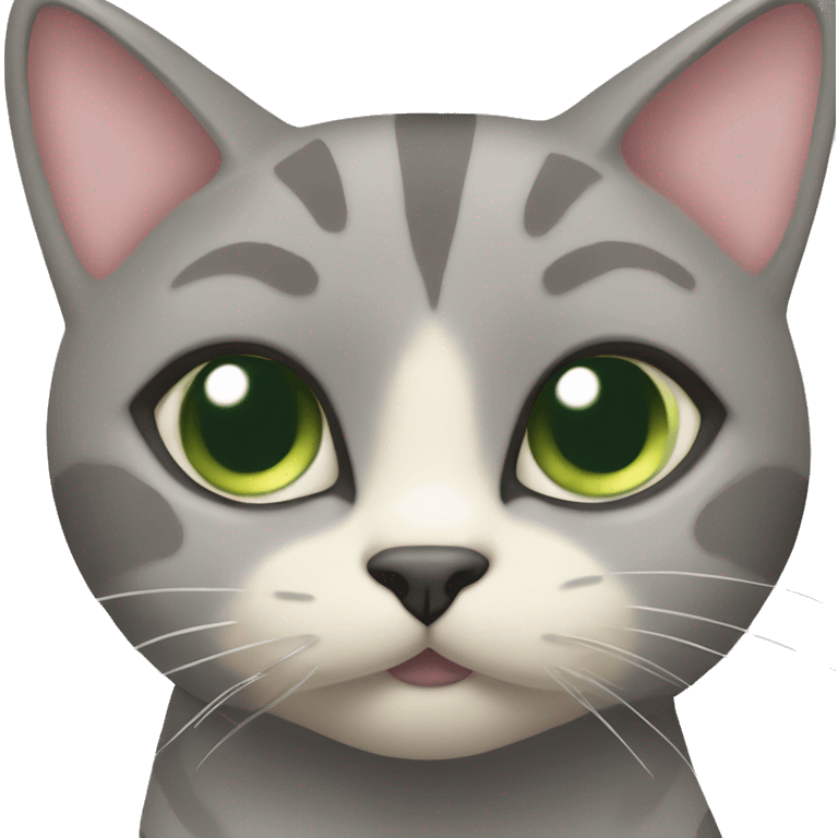 All grey and tan cat with cream pattern on her forehead. Green eyes and pink nose emoji