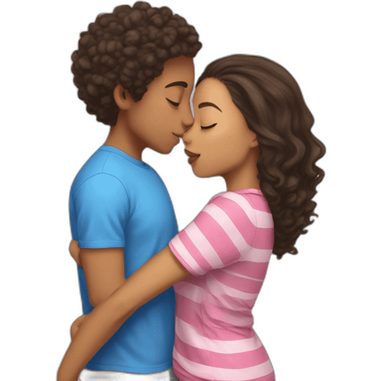 Lightskin boy in blue shirt kissing ia mixed girl with pink shirt and lightskin stripes emoji