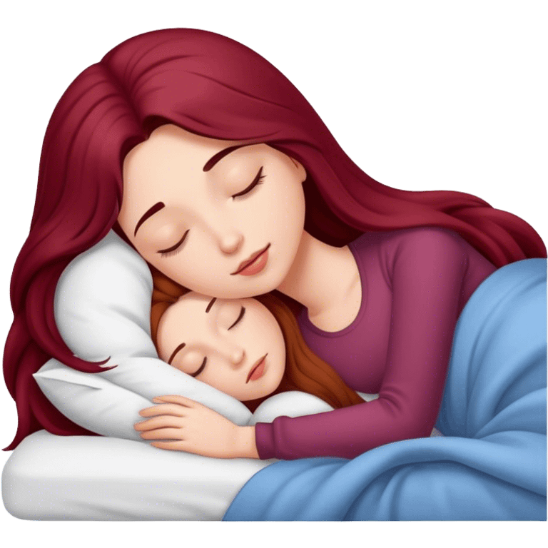 A beautiful, burgundy long haired girl sleeping in bed emoji